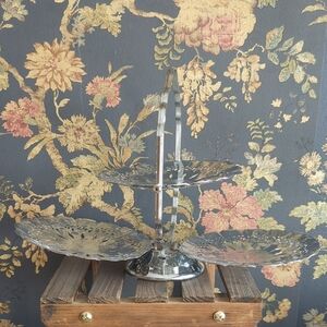 Vintage Silver-Plated Three-Tiered Serving Stand with Pierced Decorative Plates